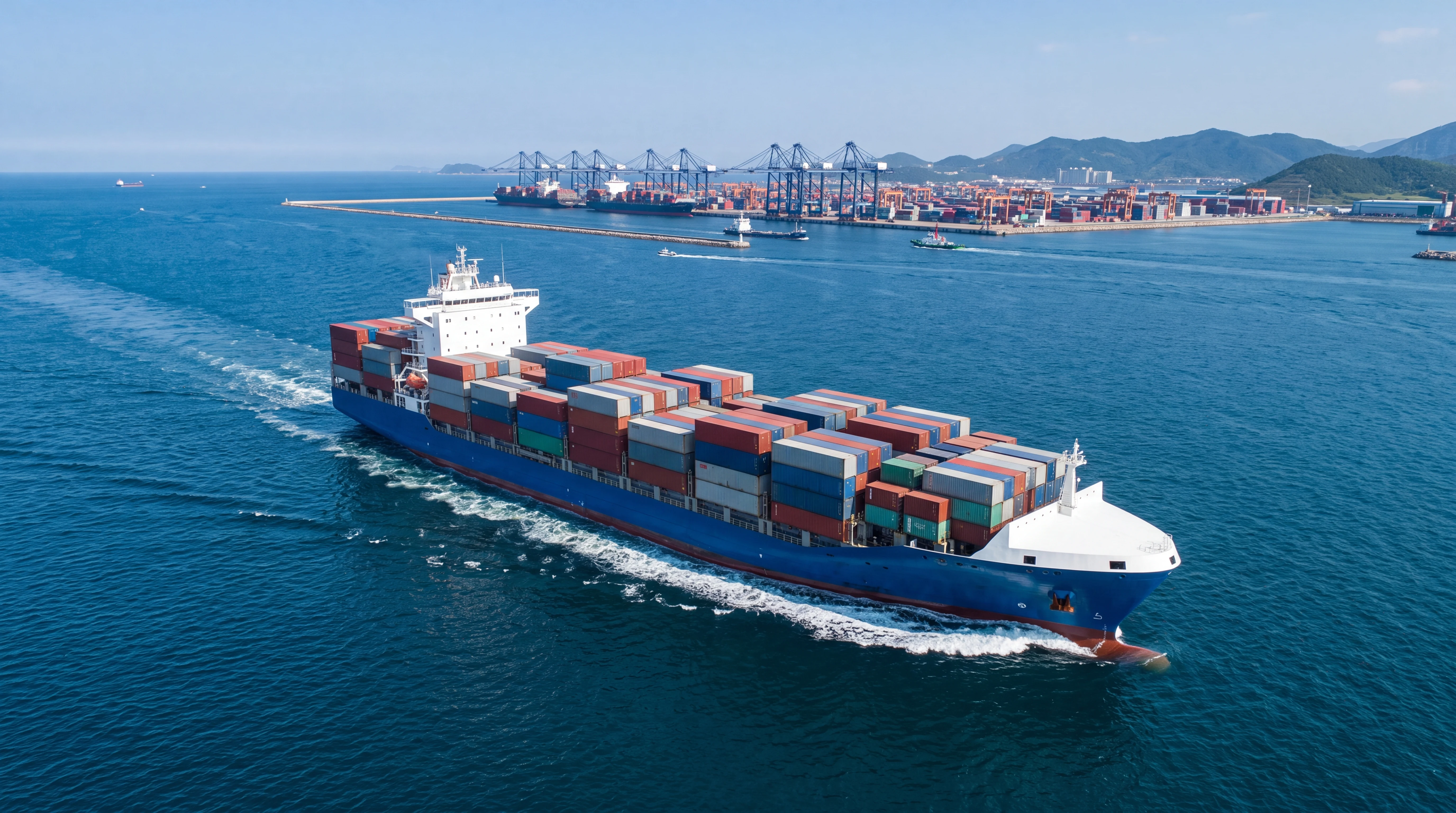 Container vessel moving through an international port for ocean freight delivery