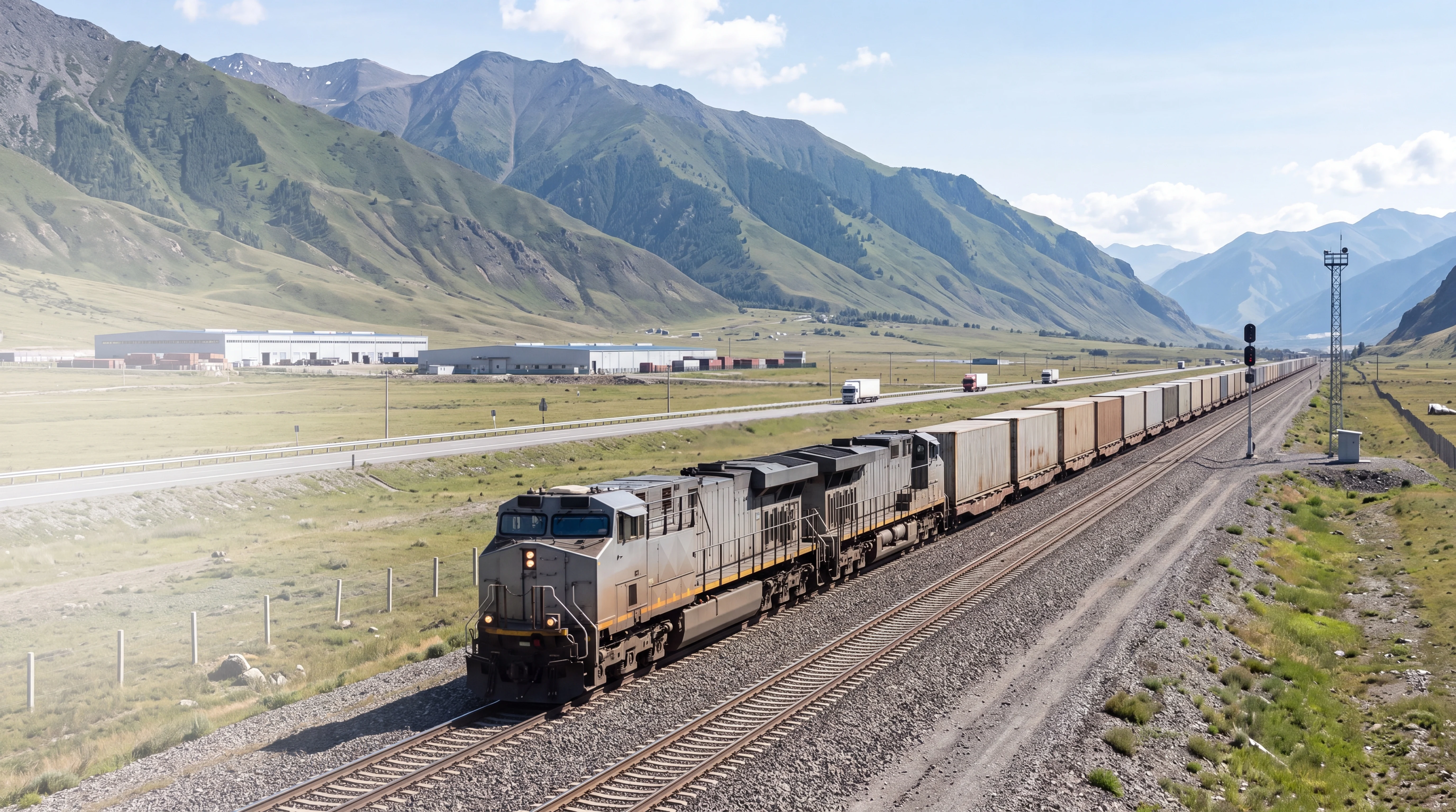 Intermodal freight train carrying containers through a Eurasian trade corridor