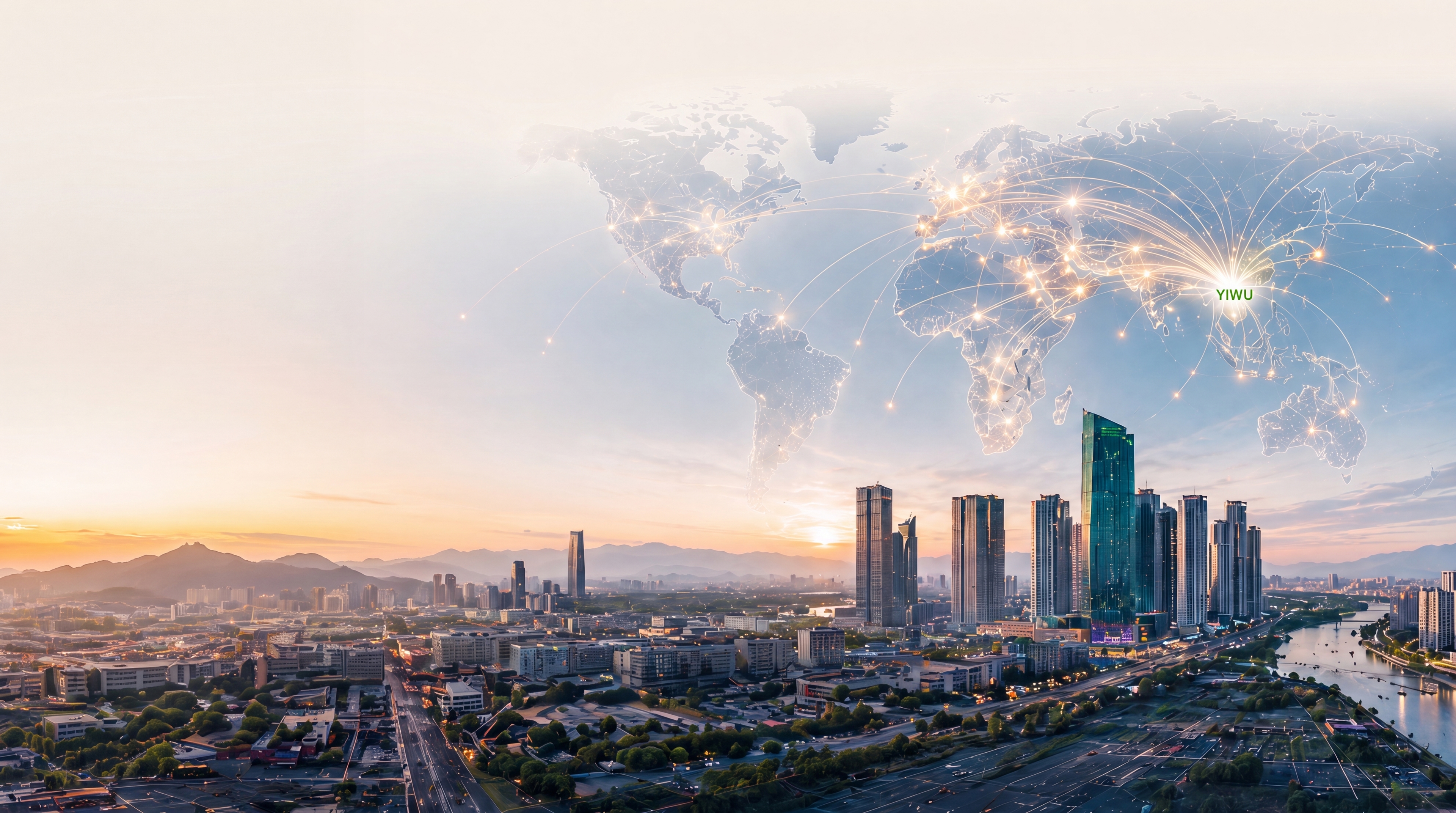 Global distributor network map and modern trade city skyline