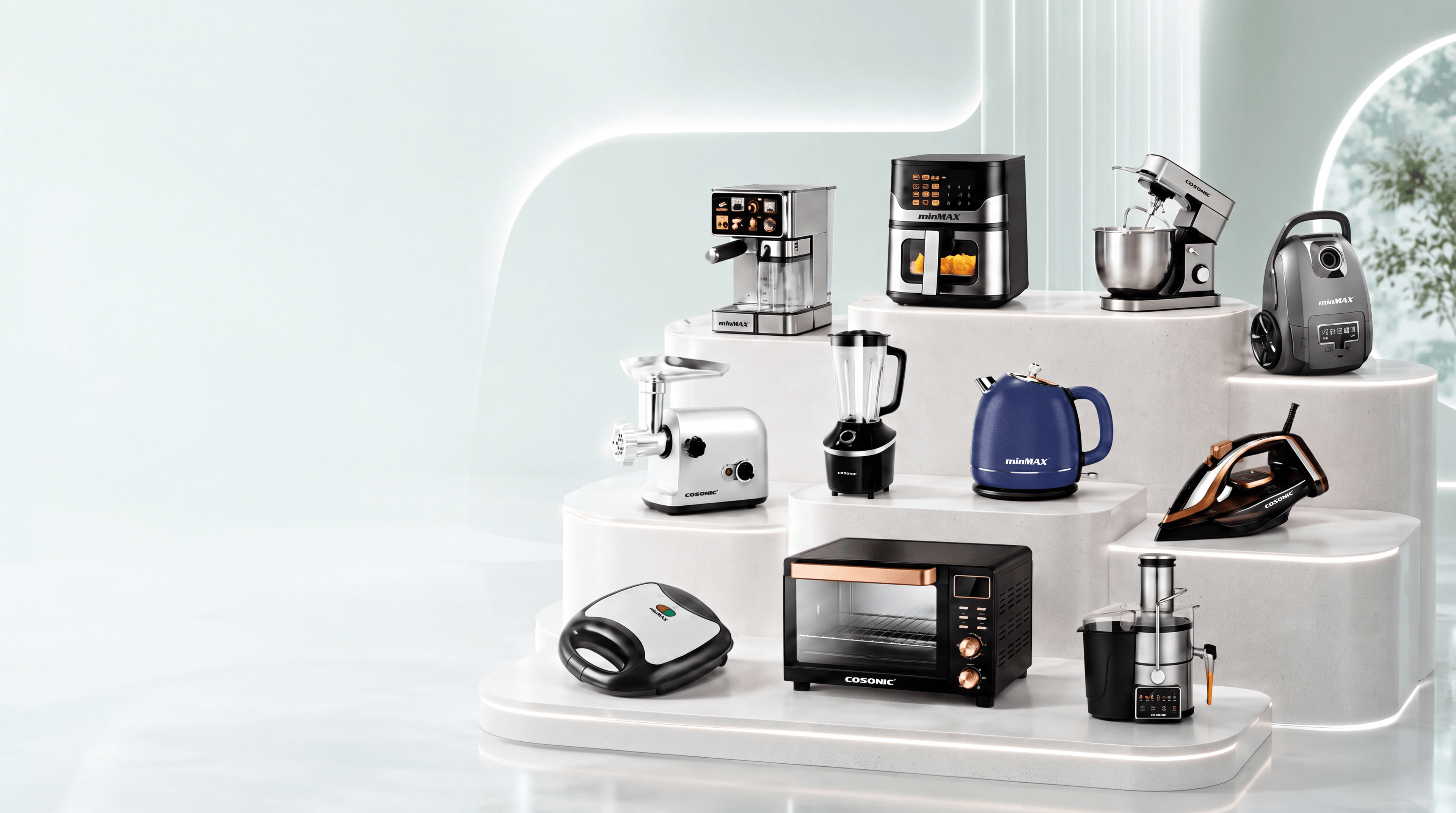 Premium small appliance showroom with cooking, beverage, breakfast, and cleaning products