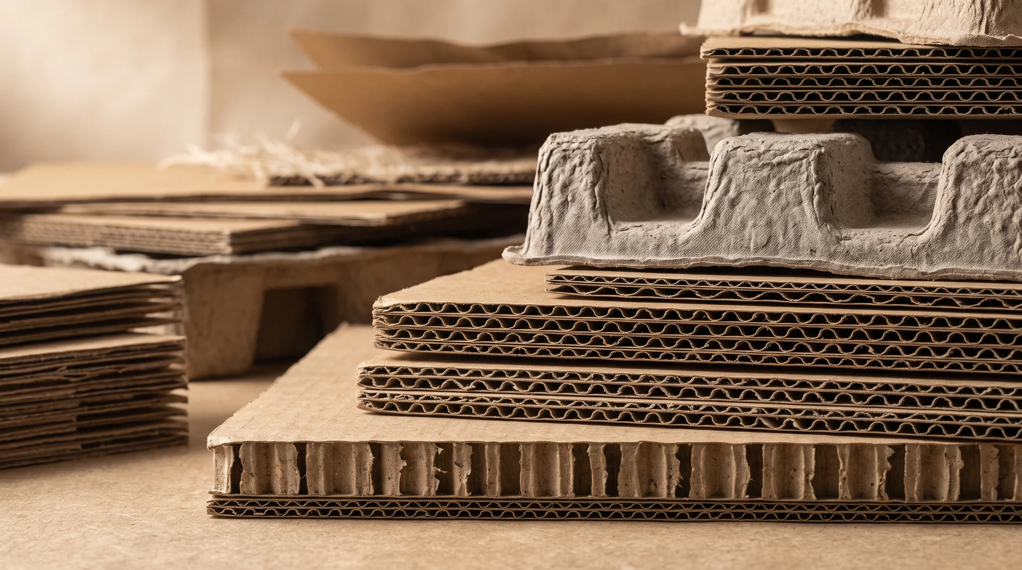 Close view of corrugated board and molded fiber packaging materials