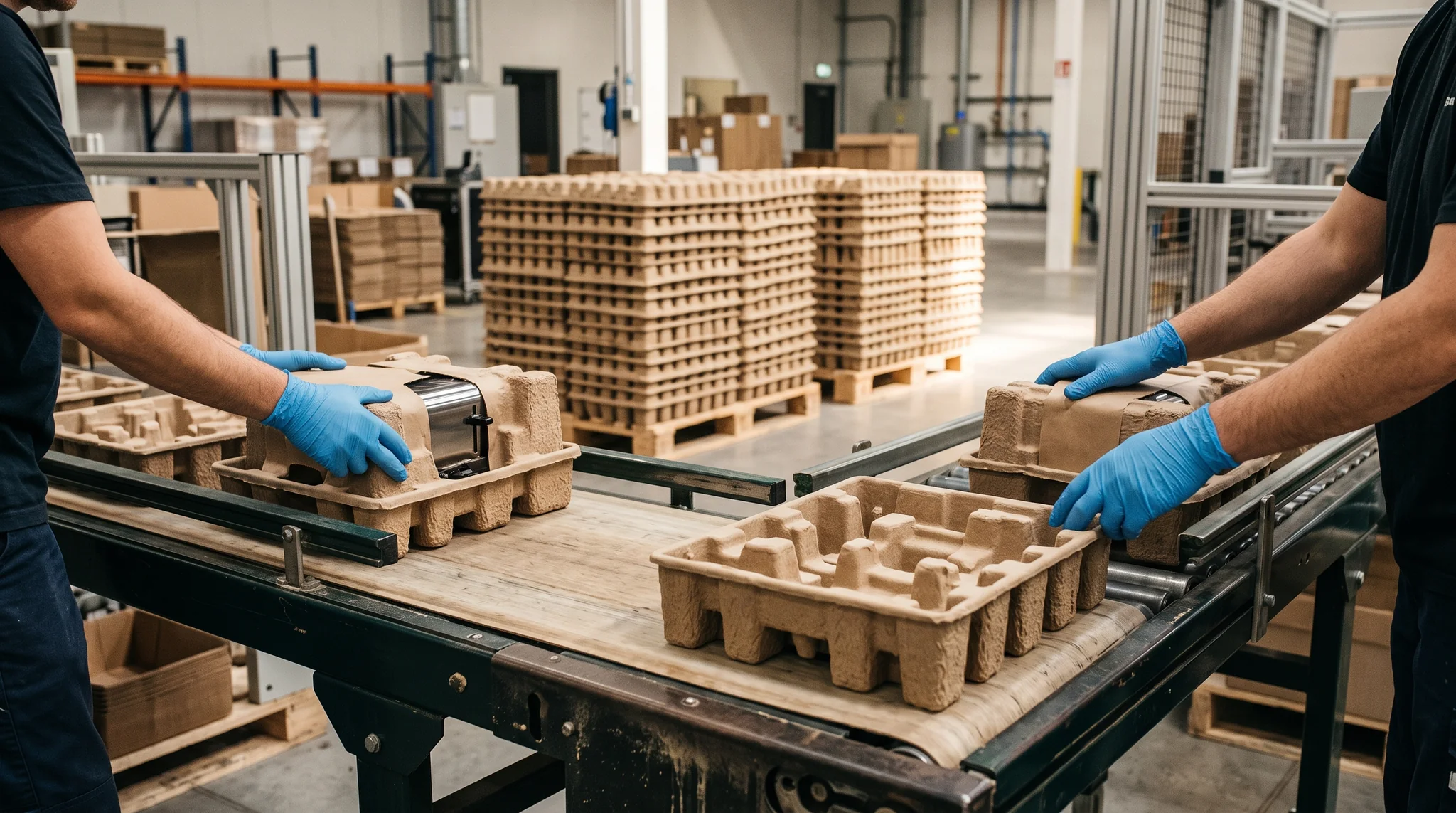 Workers handling molded fiber appliance packaging on a production line